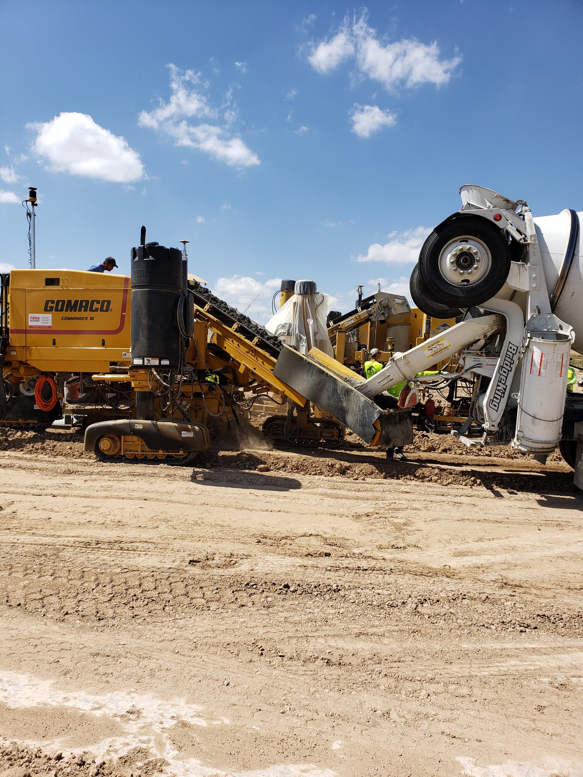 Concrete mixer truck unloading concrete into a Gomaco curb machine during curb and gutter installation at a construction site.