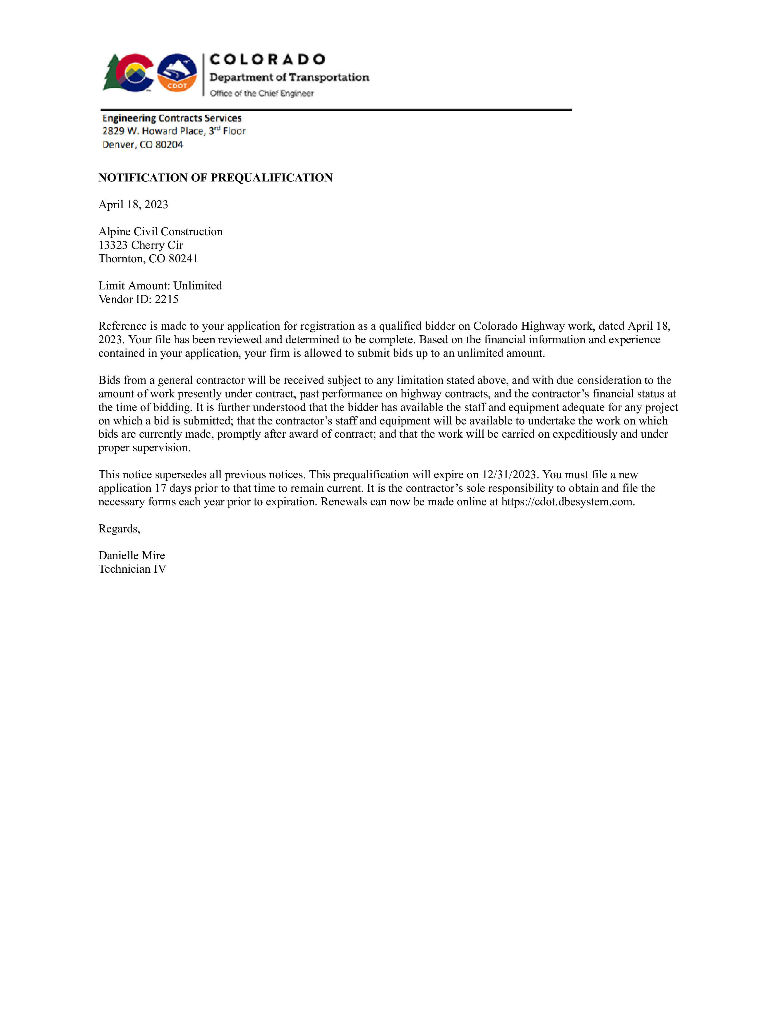 Colorado Department of Transportation notification of prequalification letter dated April 18, 2023, confirming Alpine Civil Construction is approved as a qualified bidder for Colorado highway work with an unlimited bid amount.