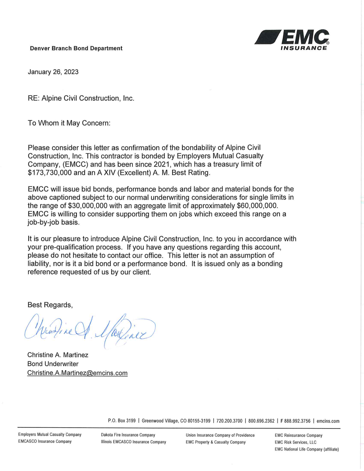 EMC Insurance bondability letter dated January 26, 2023, confirming Alpine Civil Construction, Inc. is bonded through Employers Mutual Casualty Company with a single project limit of $30 million and aggregate limit of approximately $60 million.