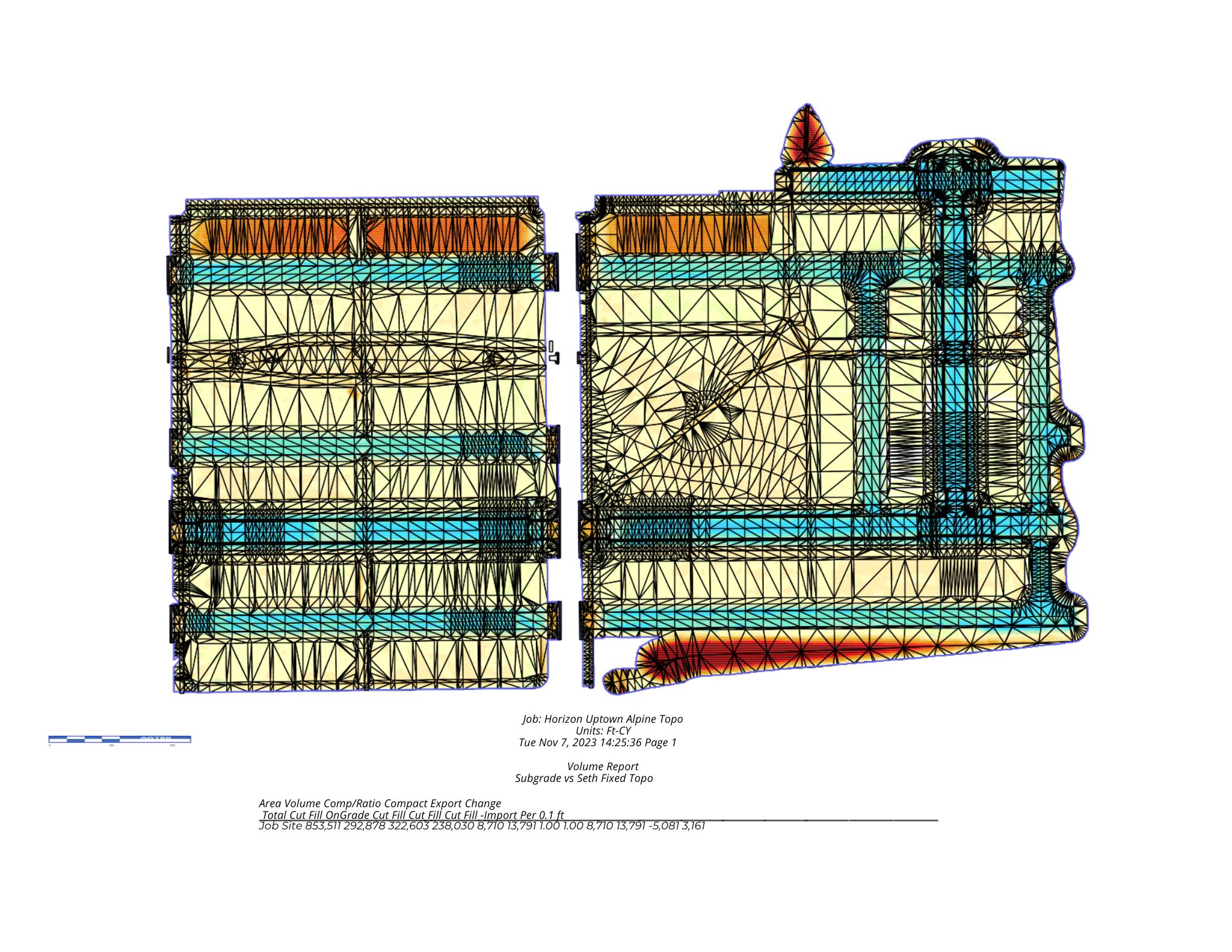 Engineering compaction analysis graphic showing a 3D mesh model of soil layers and stress distribution for an earthwork design.