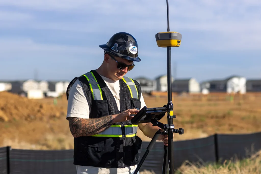 A person with tattooed arms and wearing sunglasses and a black hard hat and safety vest stands using a tablet connected to a GPS survey rover on a dirt construction site with new home construction in the background.